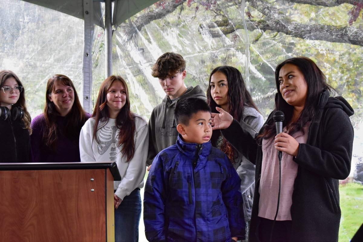 Rocio, a future homebuyer in La Conner speaking at Skagit Habitat's Groundbreaking Ceremony