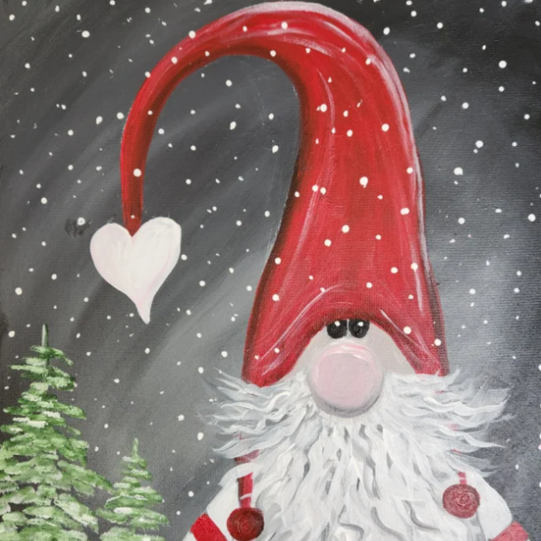 Painting from The Speckled Hen Paint Parties of 'Frosty the Gnome Man" a Gnome in a winter atmosphere wearing a red hat with a heart pom pom. Trees line the edge of the painting with speckles of snow.